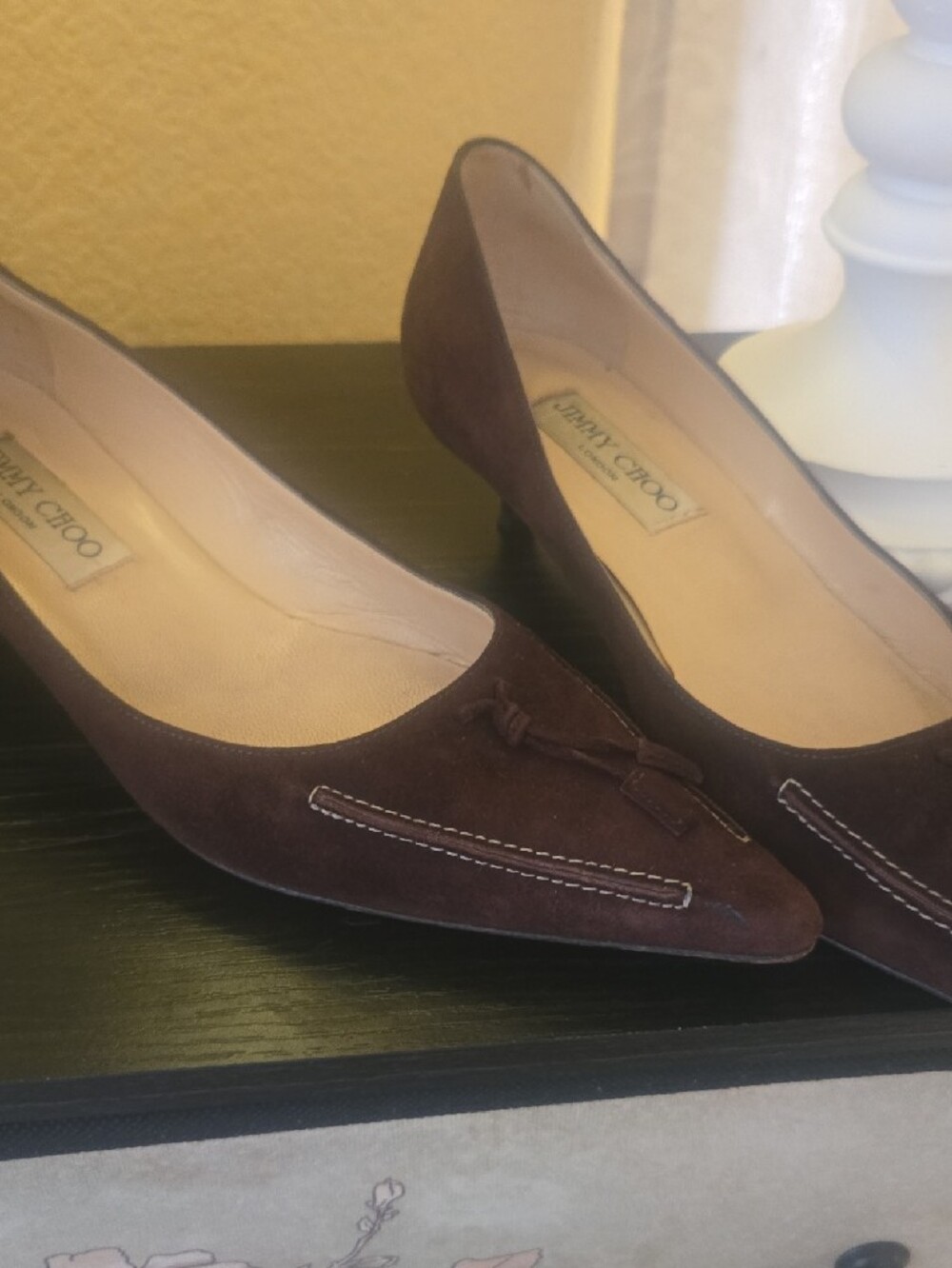 Jimmy Choo Dark Brown Suede Pointed-Toe Pumps with Knotted Accent - Picture 2 of 7